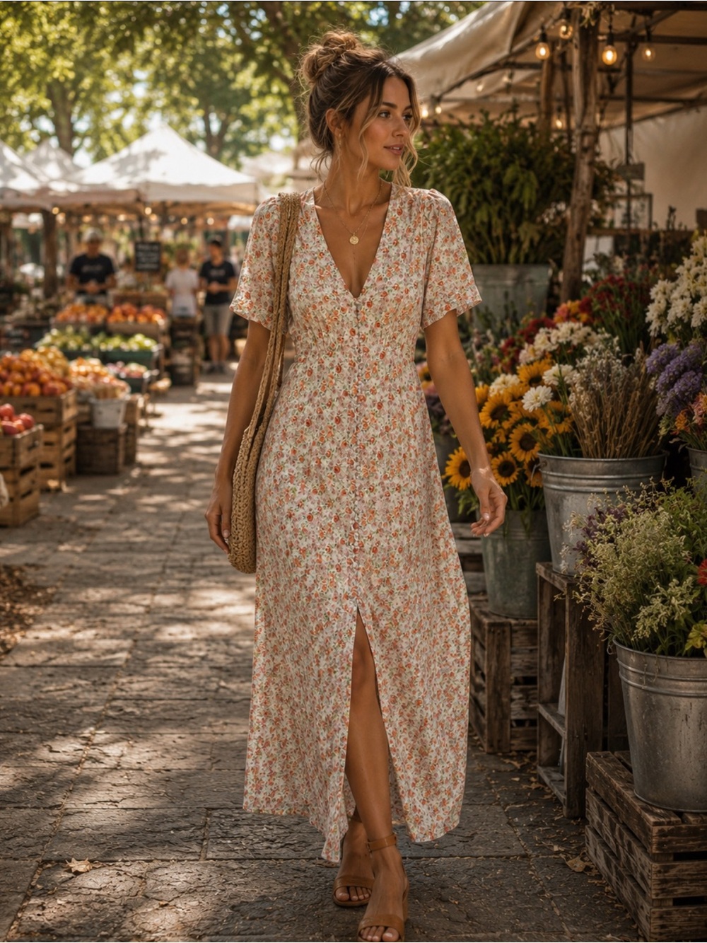 Dress Forum slit front Floral V-Neck Midi Dress in Cream and Orange